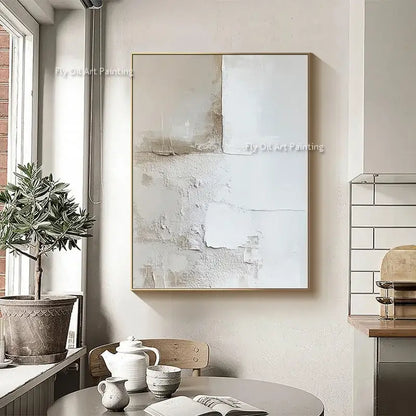Decorbites™ handpainted white abstract oil paintings set with textured beige and white layers in light wood frame on two canvas wall