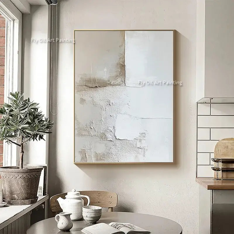 Decorbites™ handpainted white abstract oil paintings set with textured beige and white layers in light wood frame on two canvas wall