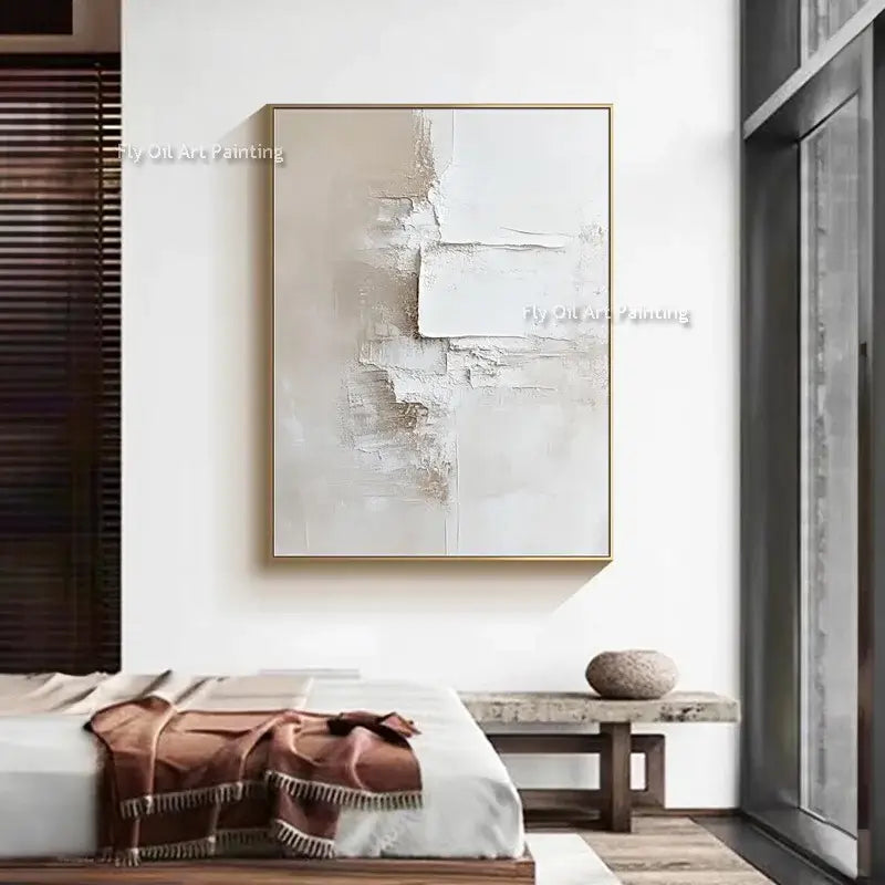 DecorBites™ handpainted white abstract oil paintings set featuring textured beige and white layers in gold frame