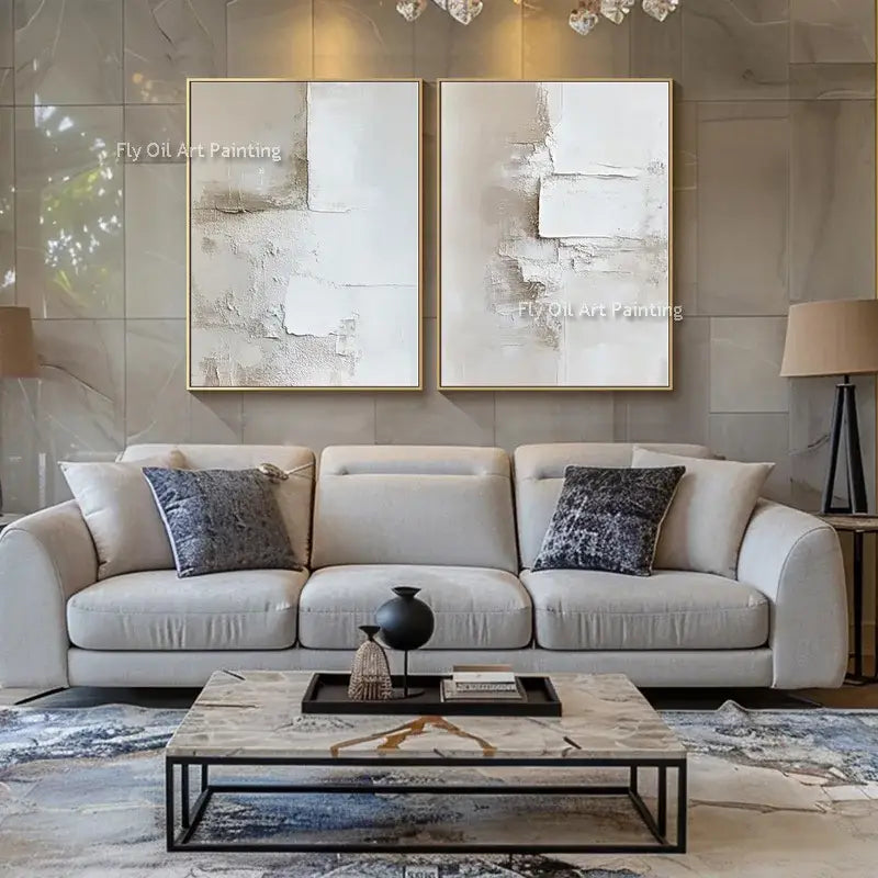 DecorBites™ handpainted oil paintings set featuring two canvas wall art with textured white abstract surfaces and gold frames