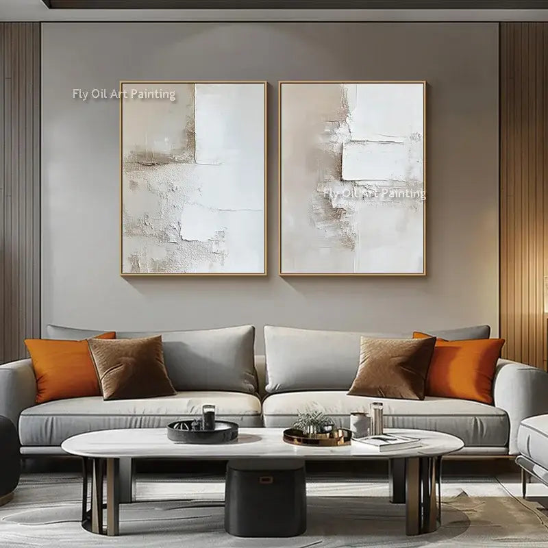 Decorbites™ handpainted white abstract oil paintings set of two canvas wall art with textured beige brushstrokes and gold frames