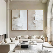 DecorBites™ handpainted two canvas wall white abstract oil paintings with textured beige and gray surfaces in gold frames