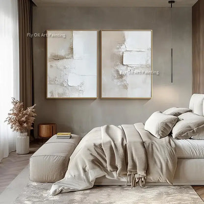 Two canvas wall decor featuring decorbites™ handpainted abstract beige and white oil paintings with textured brushstrokes