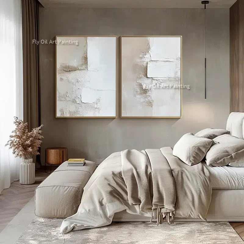 Two canvas wall decor featuring decorbites™ handpainted abstract beige and white oil paintings with textured brushstrokes