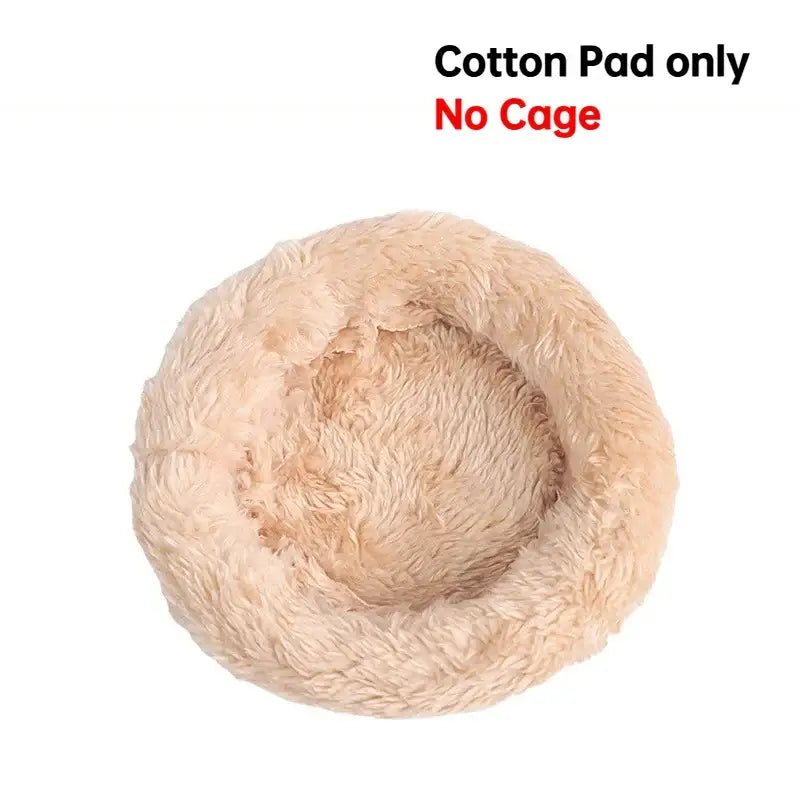Beige plush circular pet bed made of soft cotton material for decorbites handwoven grass bird cage hut for small birds