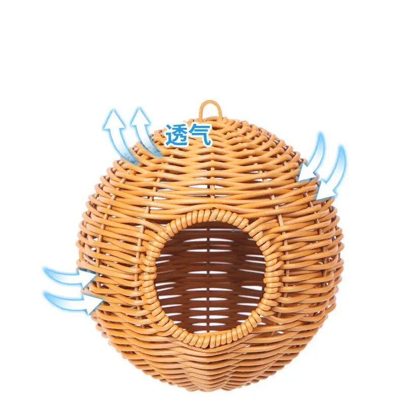 Decorbites handwoven grass bird cage hut with round wicker design and ventilation arrows for airflow