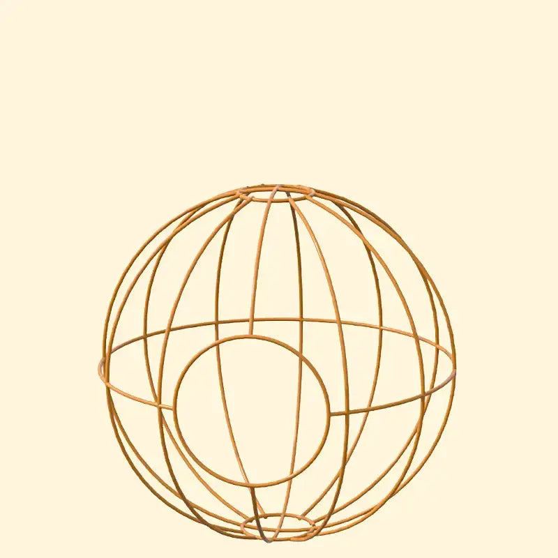 Decorbites handwoven grass bird cage with spherical wireframe globe in golden brown metal rods geometric design