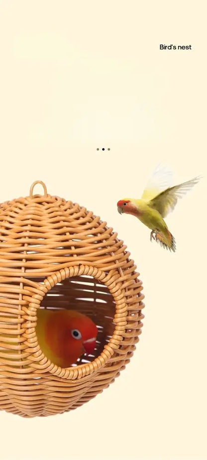 DecorBites handwoven grass bird cage hut made of woven wicker with round entrance and hanging loop for small birds