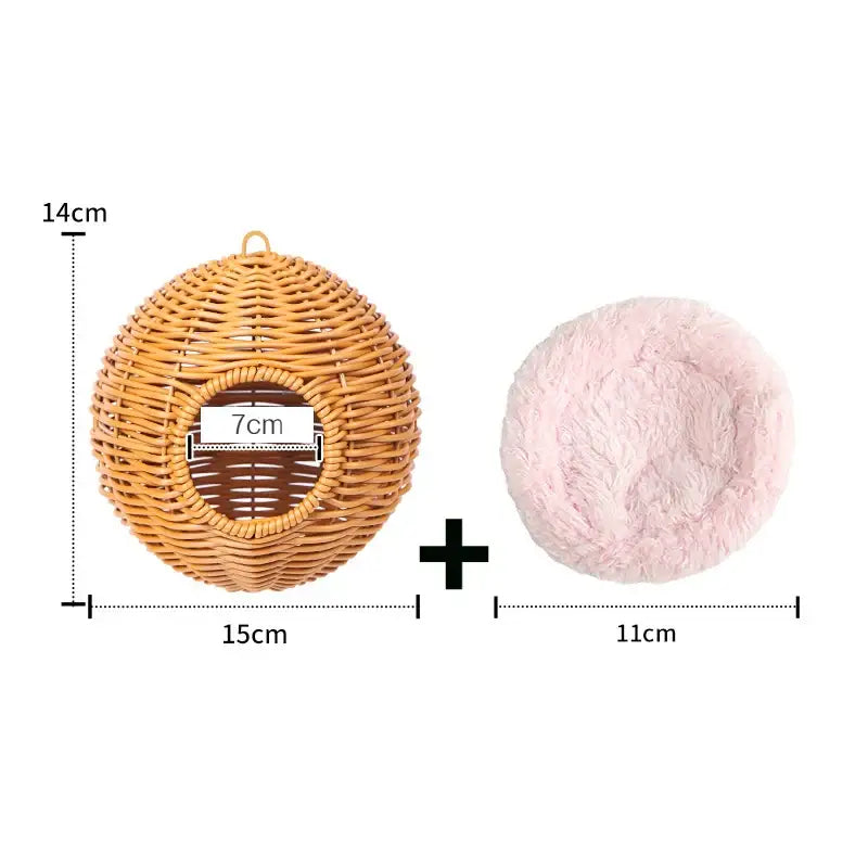 DecorBites™ handwoven grass bird cage hut in natural tan with round entrance hole for small birds hanging use