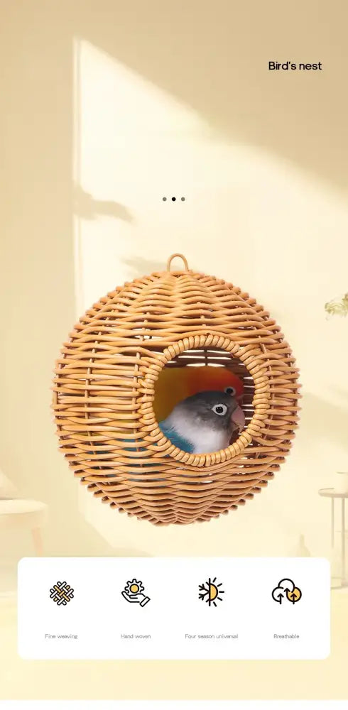 Decorbites™ handwoven grass bird cage hut featuring a colorful parrot inside a round woven wicker nest