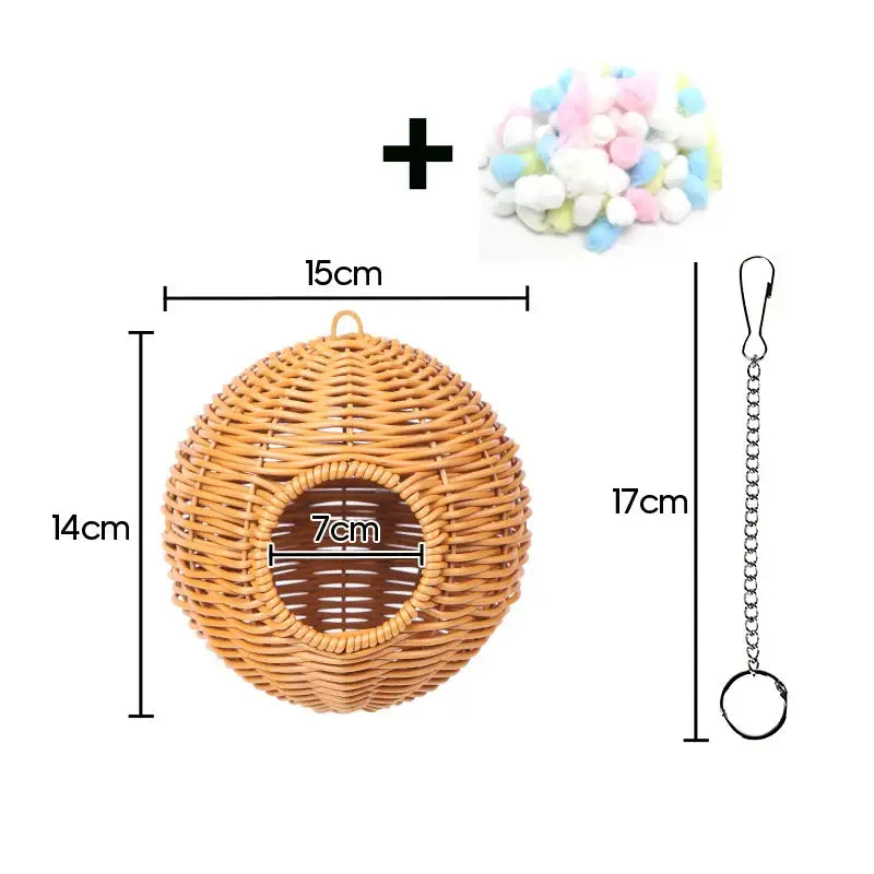 Decorbites™ handwoven grass bird cage hut with round natural tan wicker exterior and circular entrance for small birds