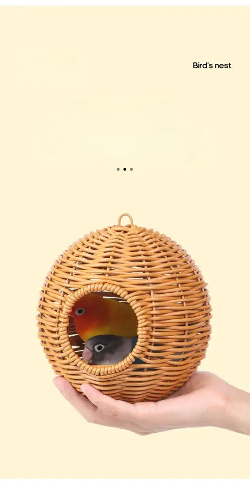DecorBites handwoven grass bird cage hut with woven wicker spherical nest and two colorful parakeets inside
