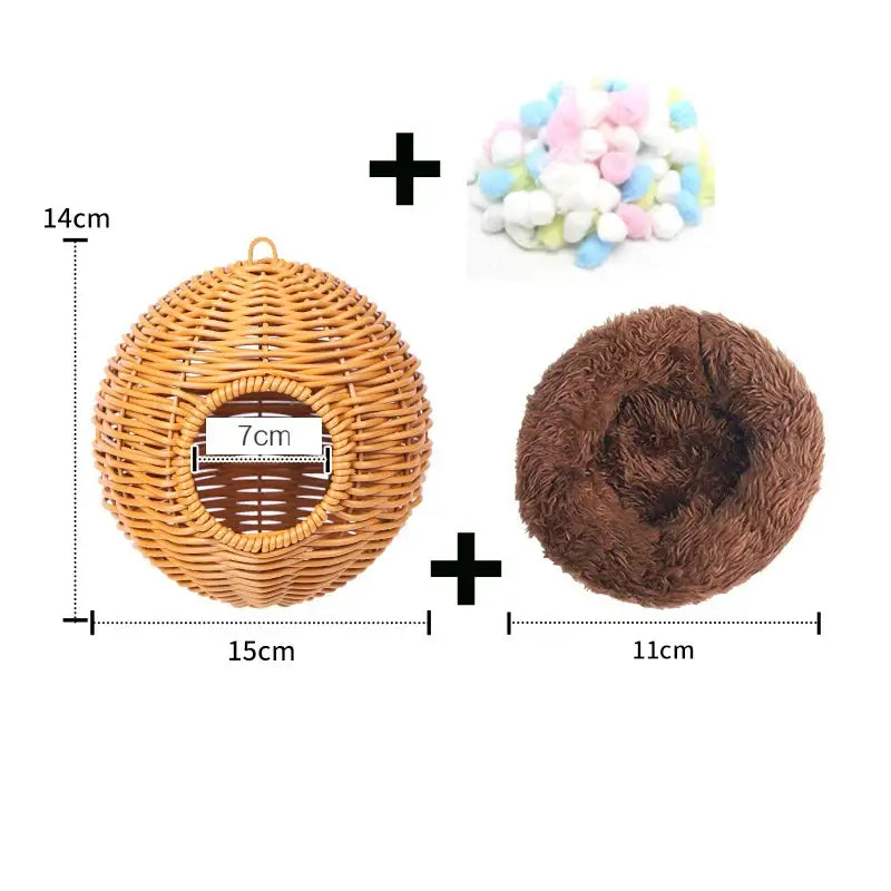 Decorbites™ handwoven grass bird cage hut featuring a woven wicker birdhouse with round entrance and hanging loop