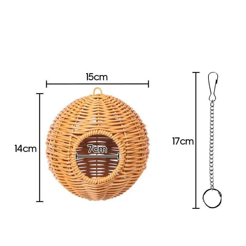 Decorbites™ handwoven grass bird cage hut with a natural tan woven wicker body and oval entrance hole for small birds
