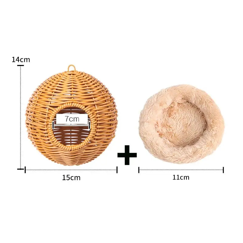 DecorBites handwoven grass bird cage hut with woven wicker design round entrance and beige plush pet bed