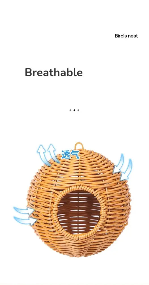 DecorBites handwoven grass bird cage hut made of natural brown wicker with circular entrance and breathability arrows