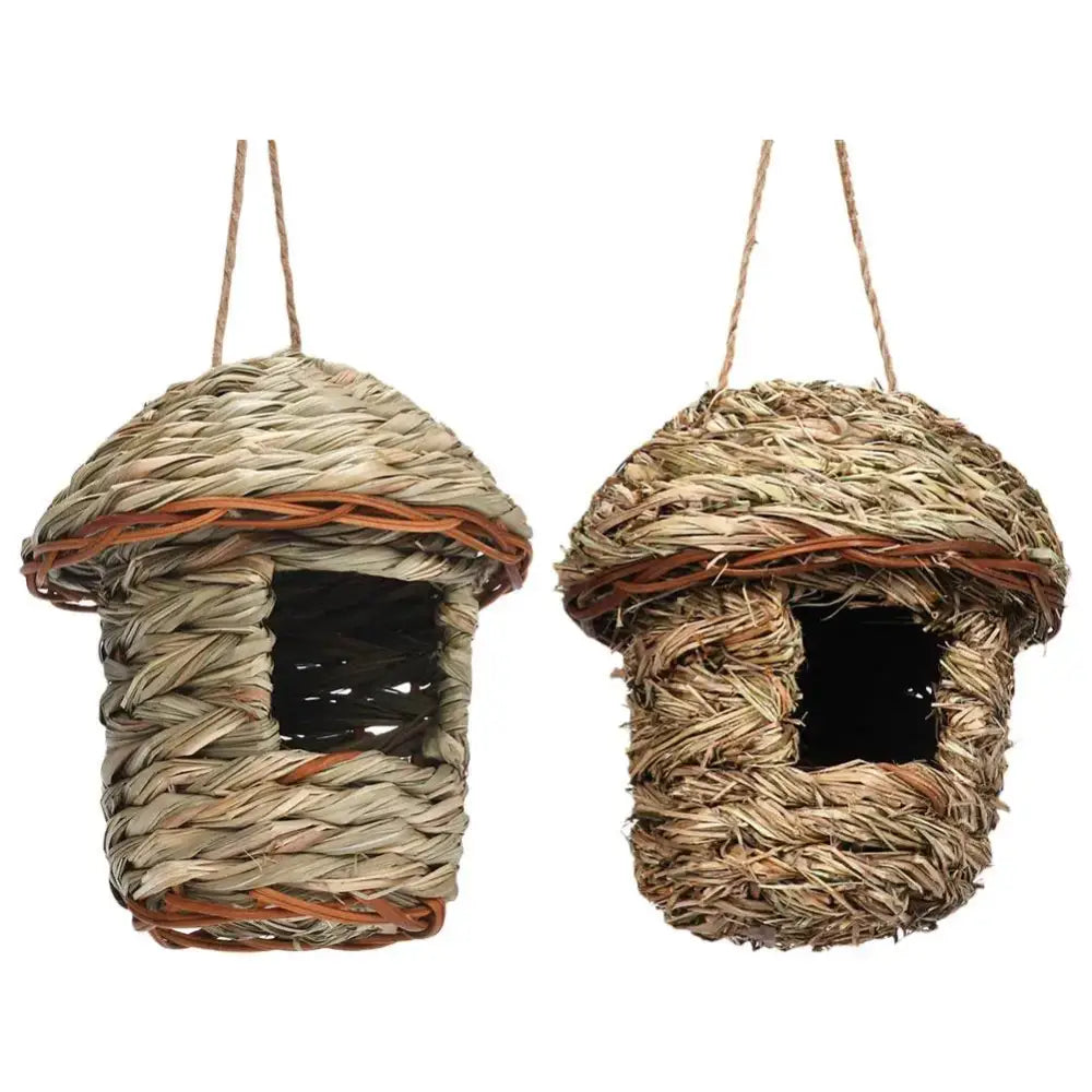 Decorbites handwoven parrot bird nest made of natural straw with brown accents and hanging rope for outdoor gardens bird nest