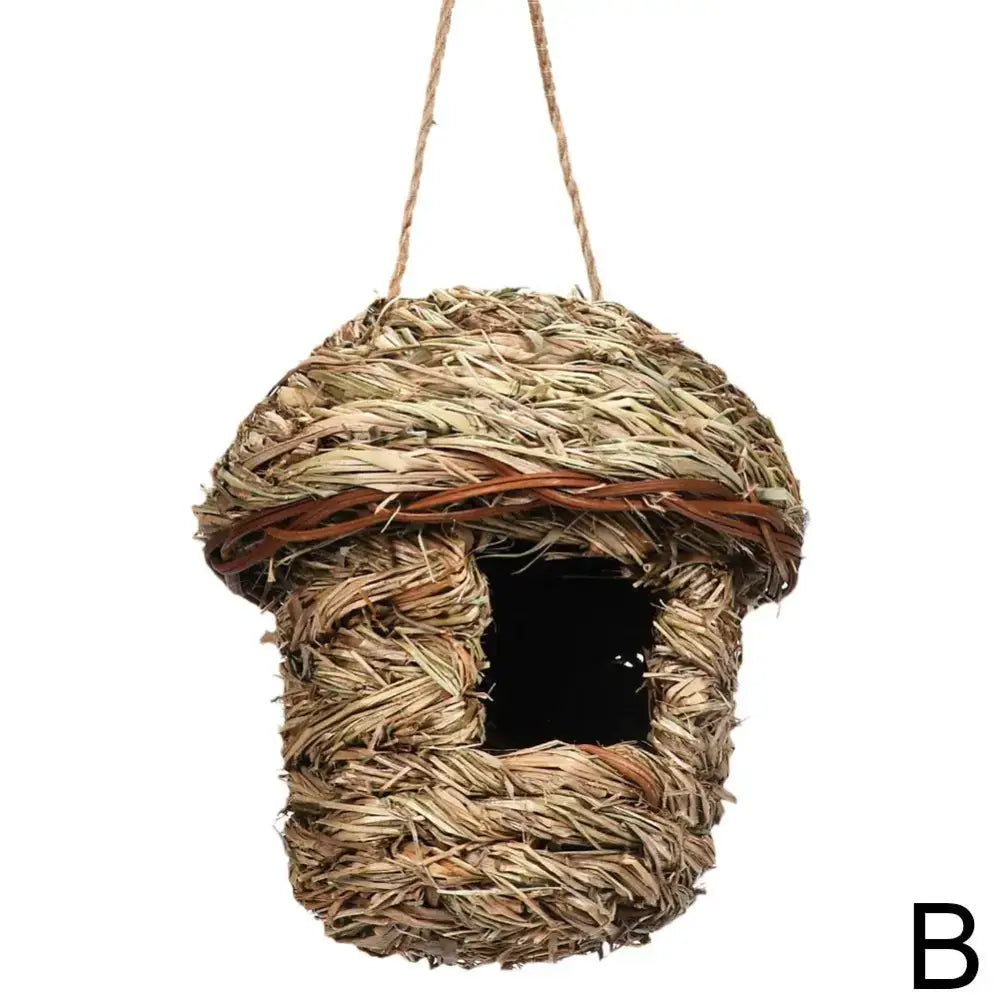 DecorBites™ handwoven straw bird nest with brown woven band for outdoor gardens and parrot nesting
