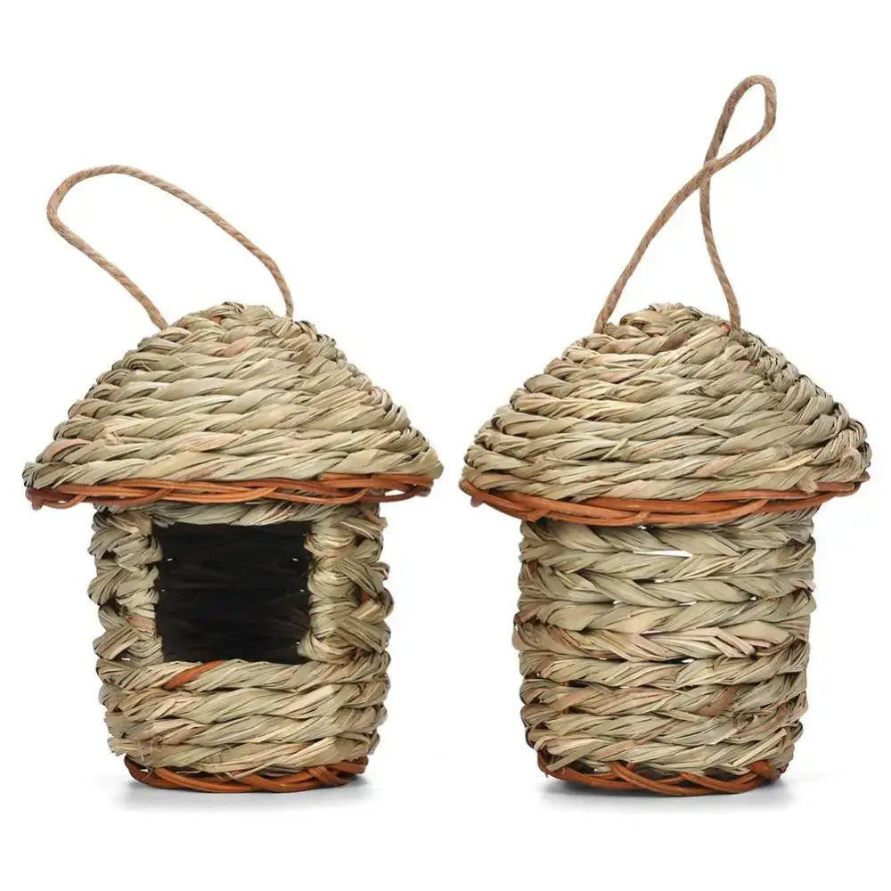 DecorBites handwoven natural fiber bird nest with rustic weave and brown wooden trim for outdoor gardens