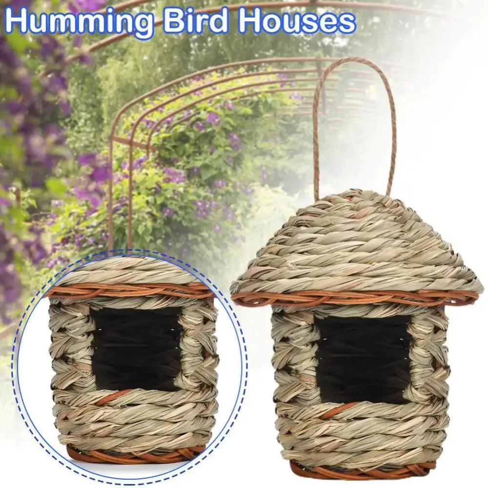 DecorBites handwoven straw bird nest with natural fiber and rustic textured roof for outdoor garden use