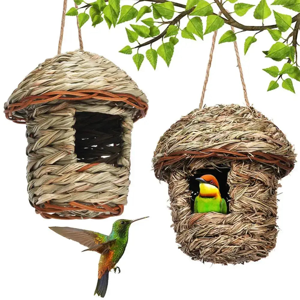 Decorbites™ handwoven straw bird nest with natural fiber and brown accents for outdoor gardens hanging by rope