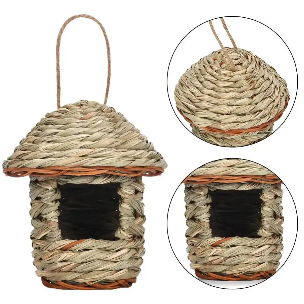 Decorbites™ handwoven straw bird nest with thatched roof and brown accents for outdoor gardens