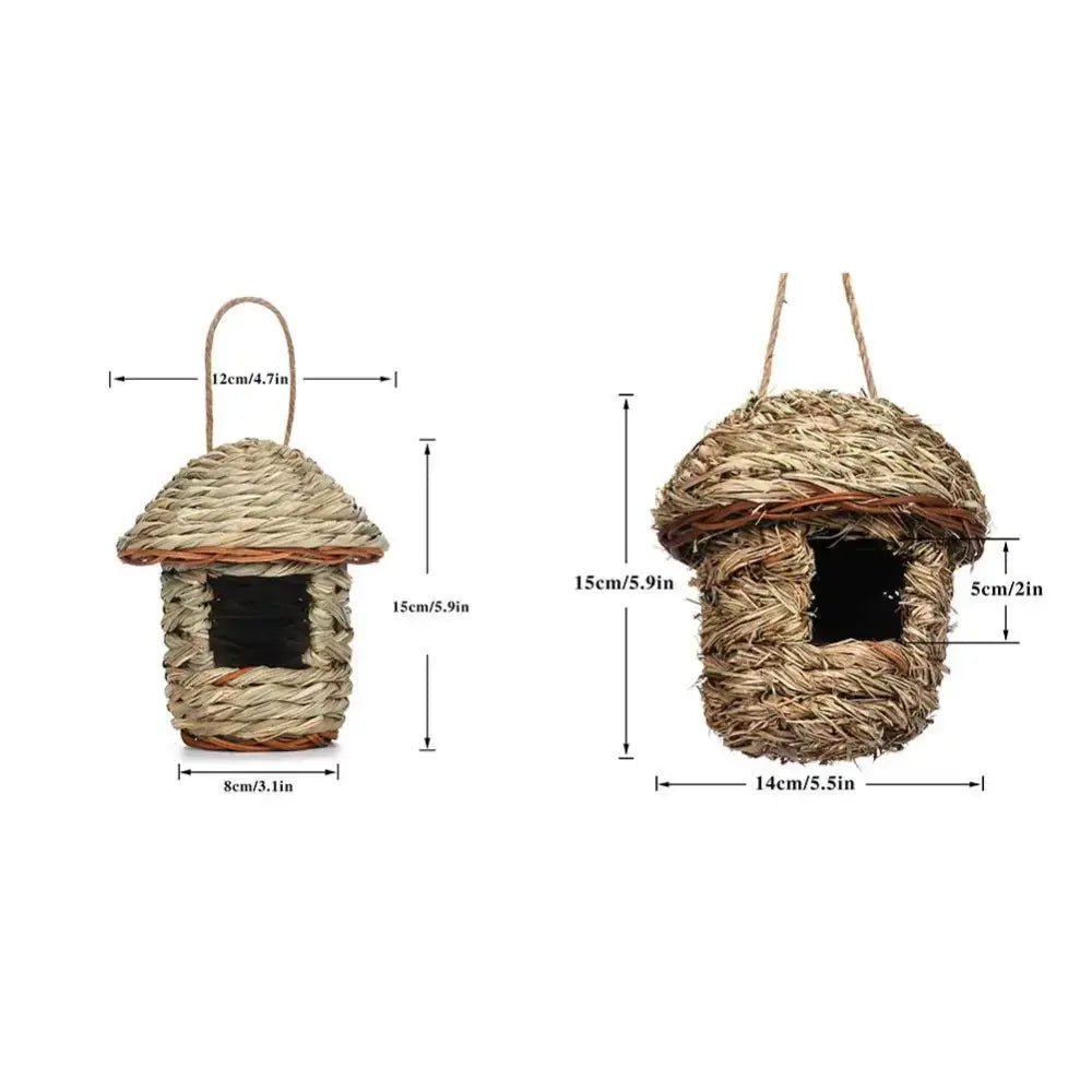 Decorbites™ handwoven straw bird nest with natural fiber body and woven straw roof featuring a dark entry hole
