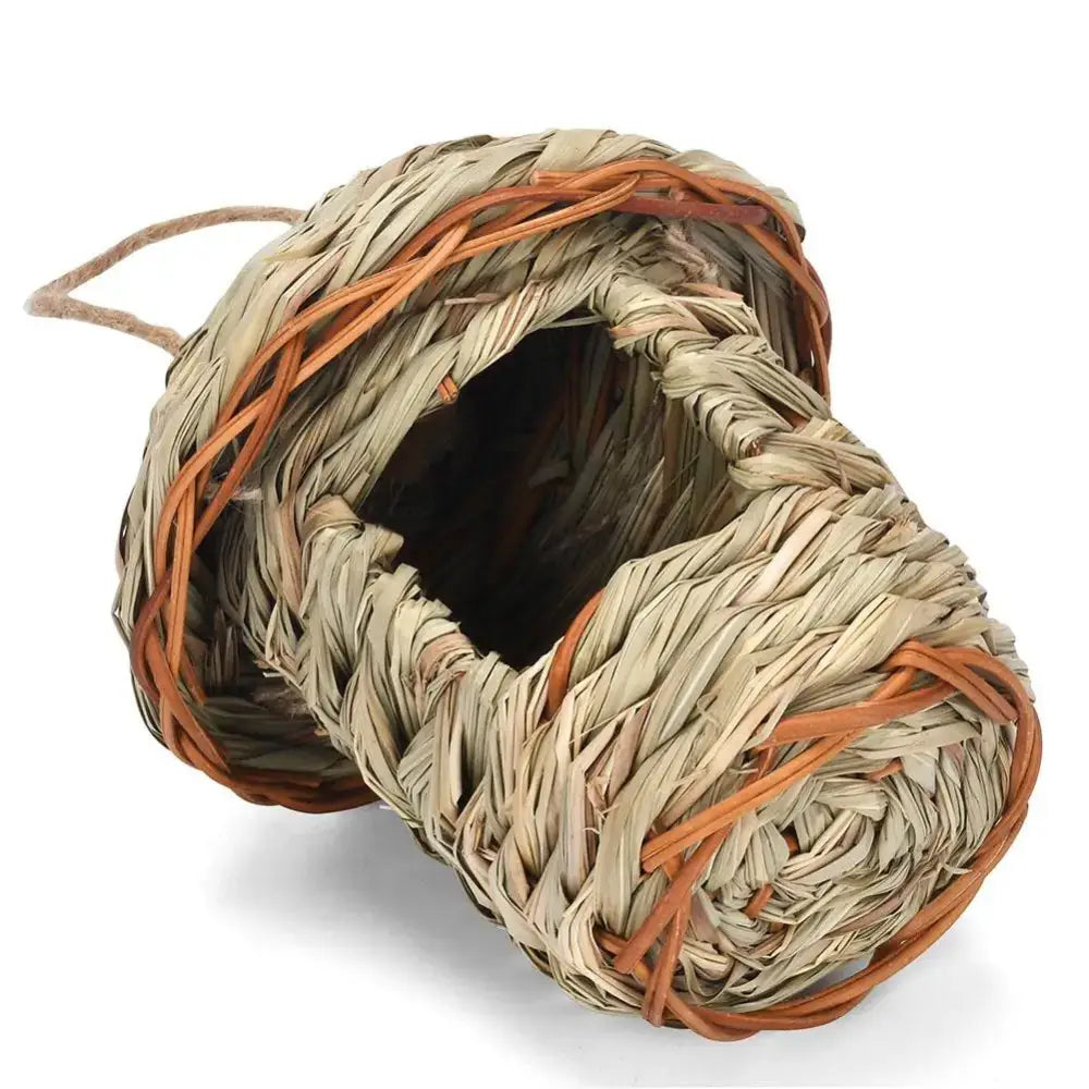 DecorBites handwoven parrot bird nest made of natural straw with orange twine accents for outdoor garden use