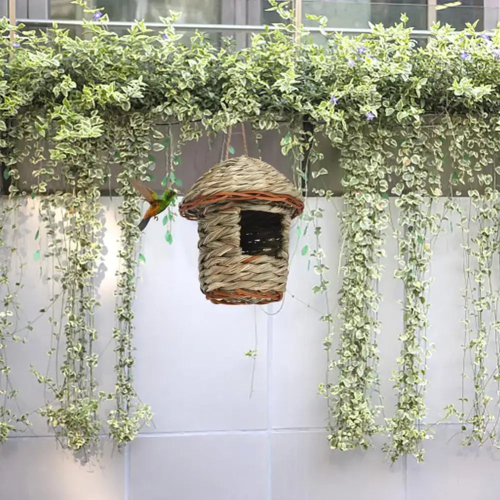 Decorbites™ handwoven parrot bird nest with natural straw bird nest and rustic dome roof for outdoor gardens