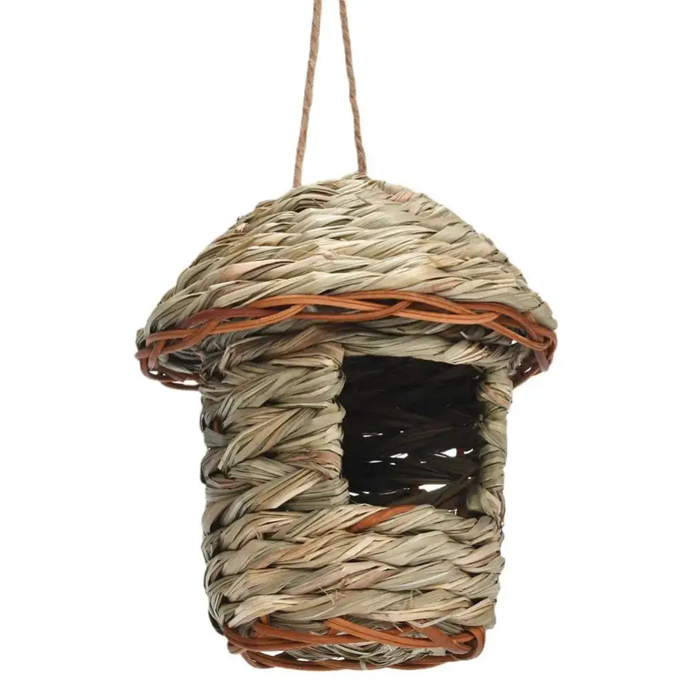 DecorBites™ handwoven straw bird nest in earthy beige and brown natural fibers for outdoor garden use
