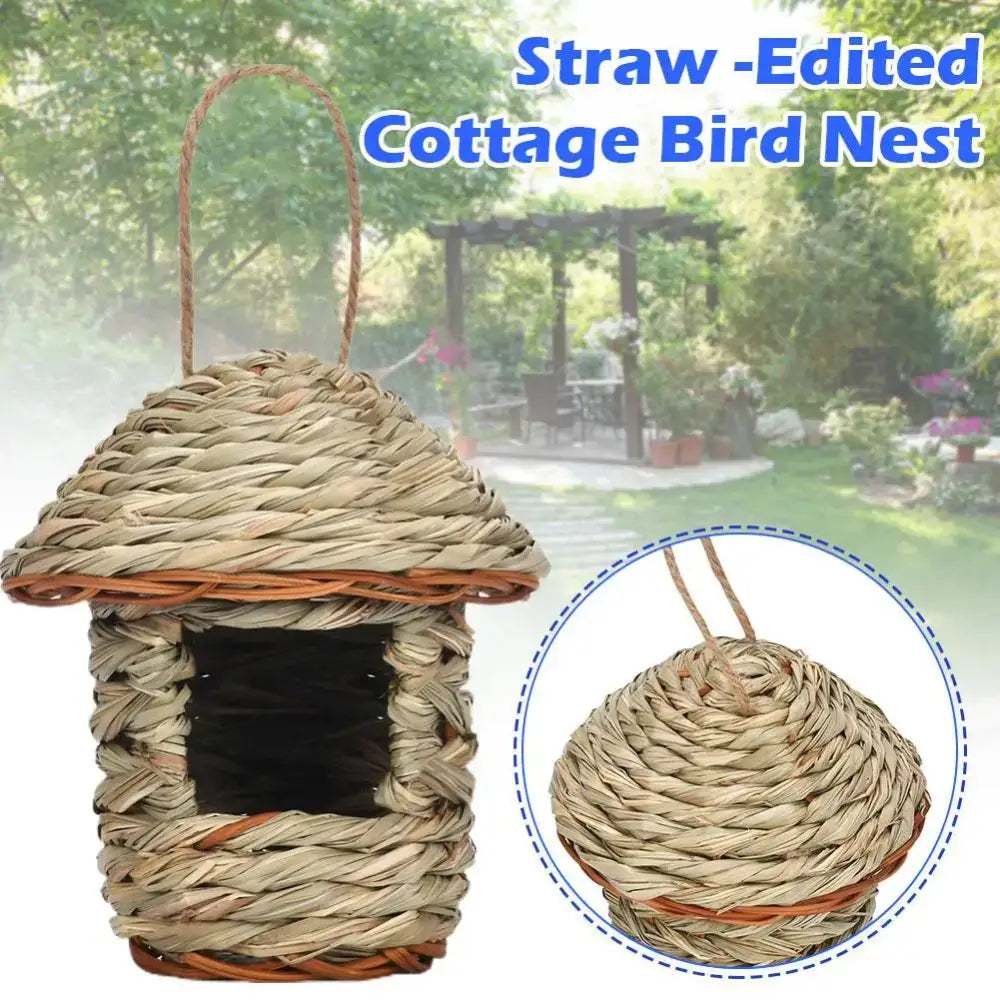 Decorbites™ handwoven straw bird nest in natural beige with brown accents and hanging loop for outdoor garden use