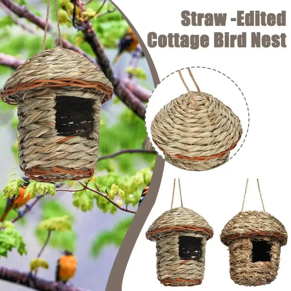 DecorBites handwoven straw bird nest with rustic cottage design and natural brown accents for outdoor gardens