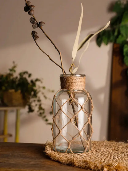 DecorBites™ hanging glass vase with clear glass and natural hemp rope in diamond-patterned weave for rustic decor