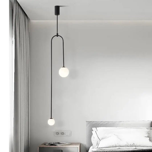 Decorbites™ hanging lights black minimalist pendant with two frosted glass bulbs and curved metal arm in versatile lighting options