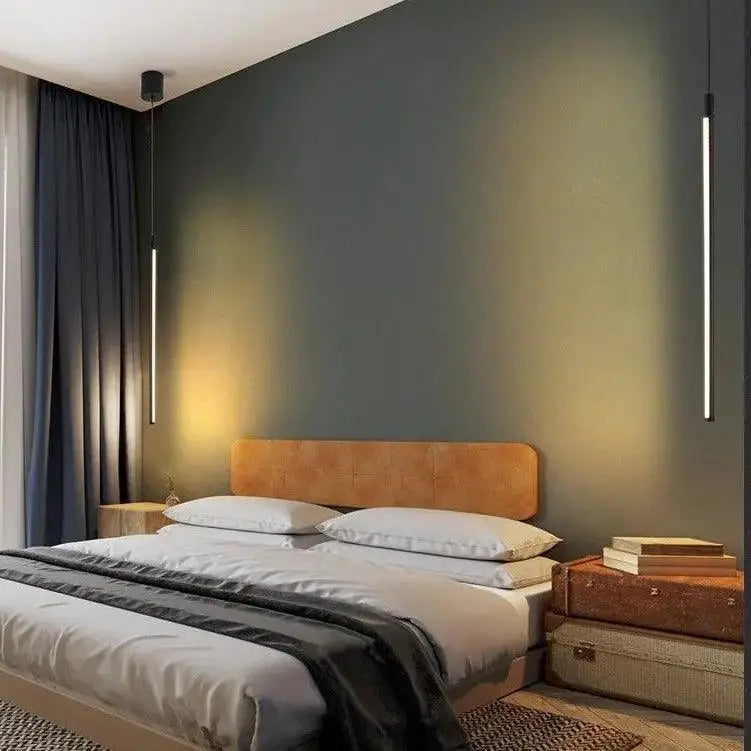Tan leather tufted headboard paired with decorbites hanging pendant lights for bedroom ambiance and style