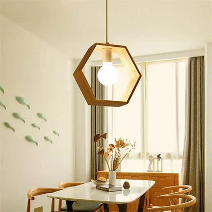 Hexagonal decorbites™ hanging wooden lights with warm-toned finish and exposed bulb showcasing wooden lights design