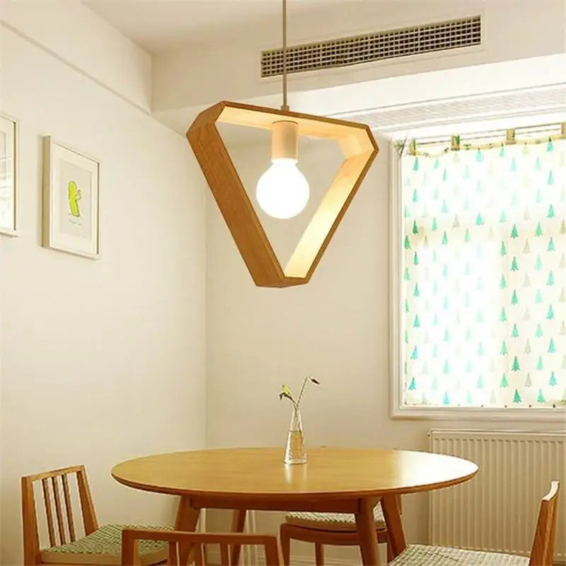 DecorBites™ hanging wooden lights minimalist triangular wooden pendant light with warm glow and natural wood grain