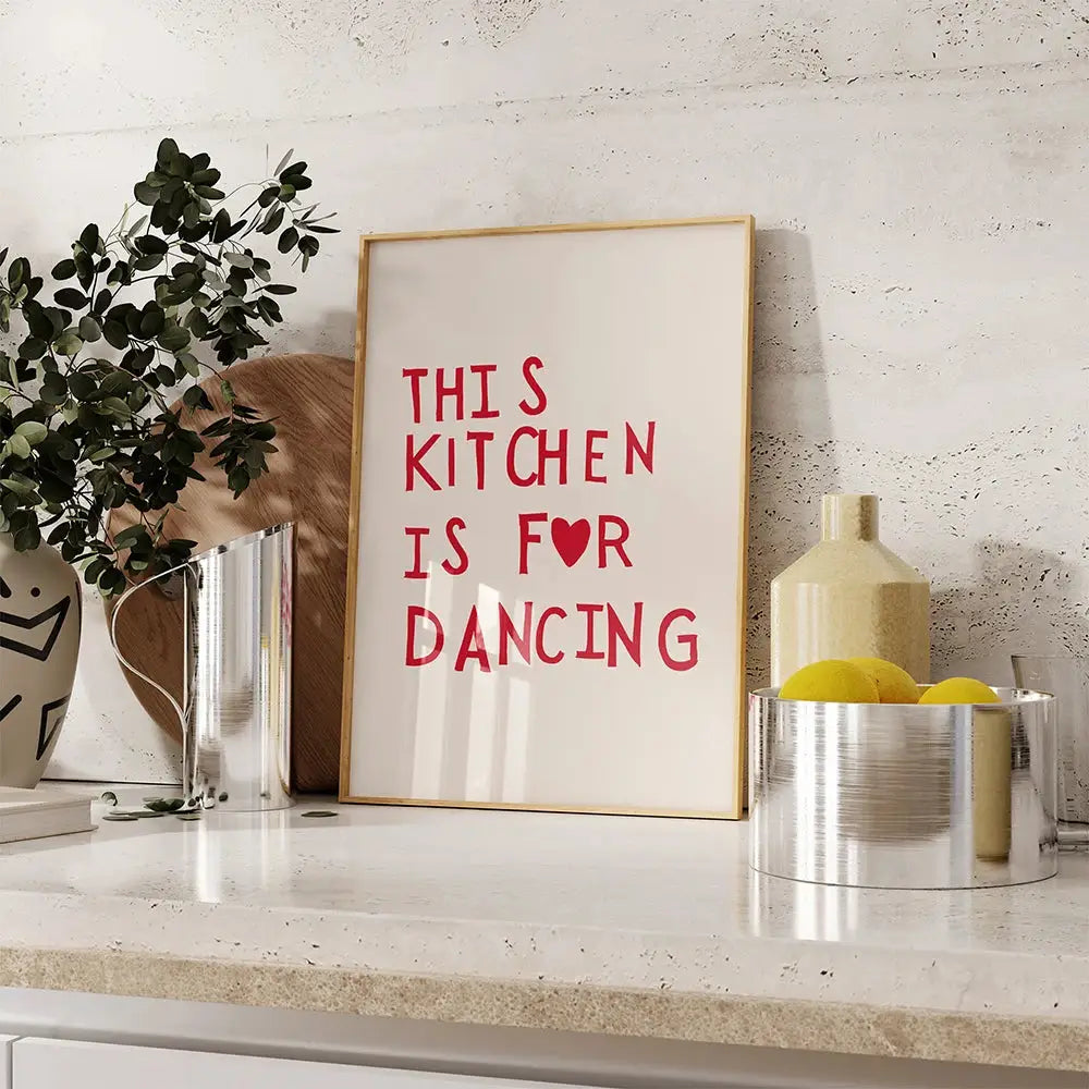 DecorBites™ heart red quote wall art kitchen painting with bold red text and gold-colored frame on cream background