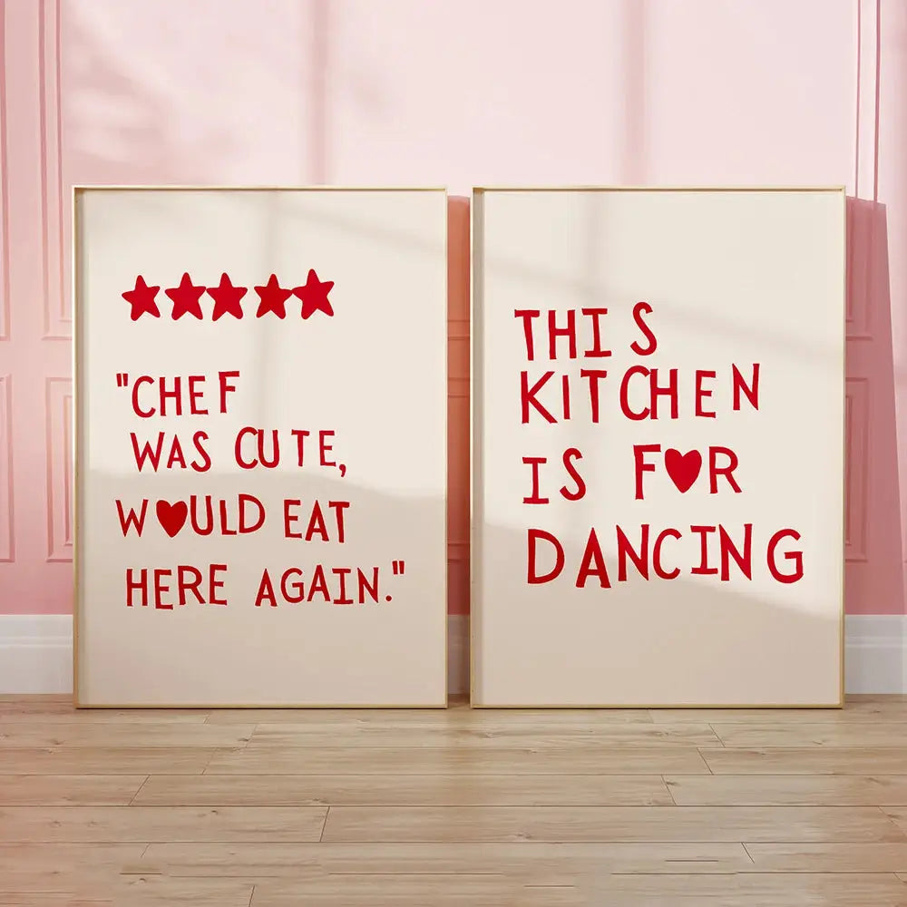 Two framed decorbites™ heart red quote wall art prints with red text on cream background in gold frames for kitchen decor