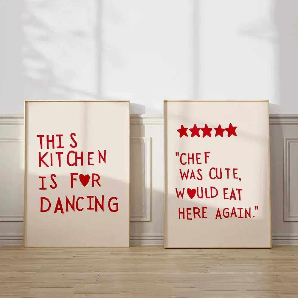 Two framed decorbites™ heart red quote wall art prints with bold red text on cream background in gold-toned frames