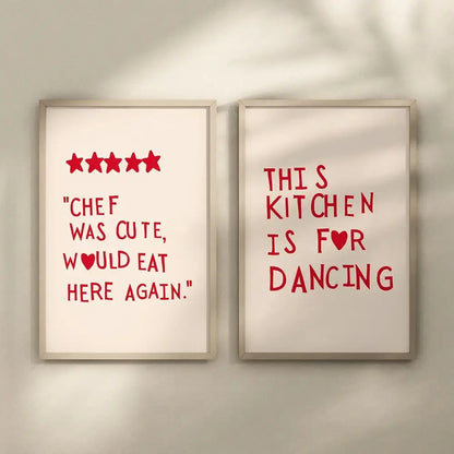 Two framed DecorBites™ wall art prints with heart red quote text on off-white backgrounds for kitchen decor