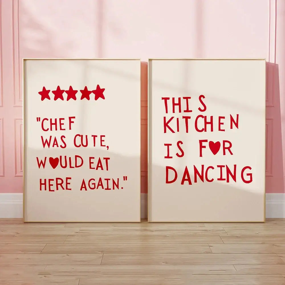 Two framed decorbites™ heart red quote wall art prints with bold red text on cream background in thin gold frames