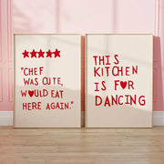Two framed decorbites™ heart red quote wall art prints with bold red text on cream background in thin gold frames