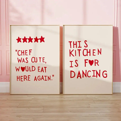 Two framed decorbites™ heart red quote wall art prints with bold red text on cream background in thin gold frames