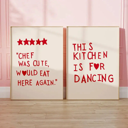 Two framed decorbites™ heart red quote wall art prints with bold red text on cream background in thin gold frames