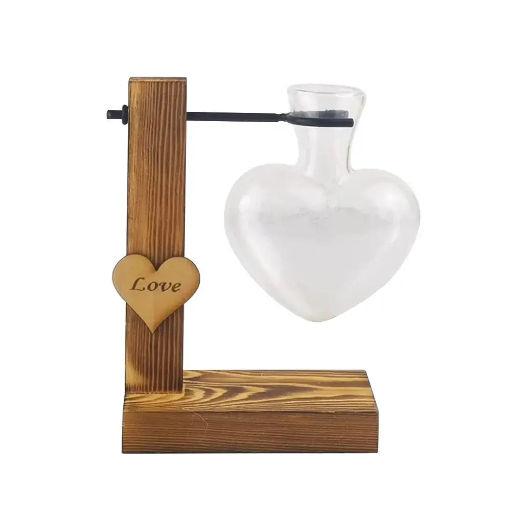 DecorBites heart shape hydroponic glass vase with wooden stand and carved love heart accent for home decor