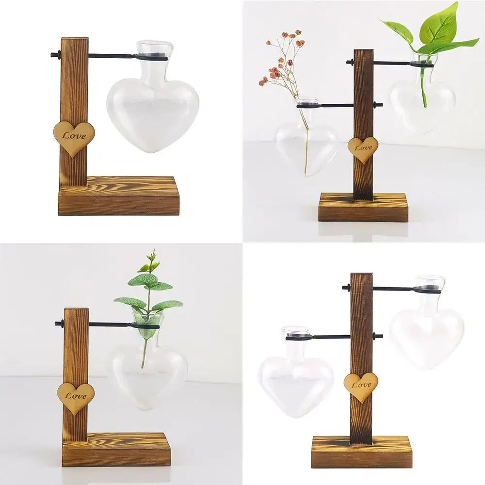 DecorBites™ heart shape hydroponic glass vase with wooden stand and engraved love charm for home decor