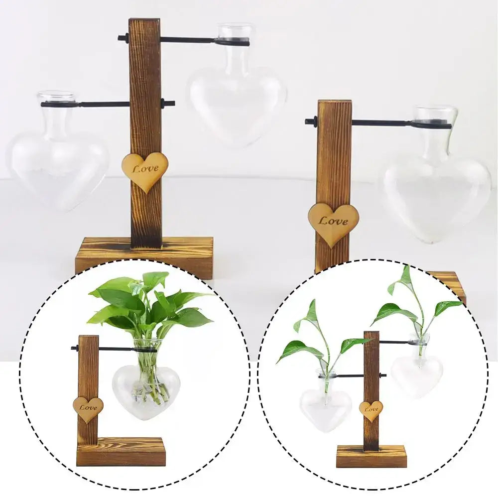 Wooden stand with heart shape hydroponic glass vase and engraved love wooden charm for home decor by decorbites
