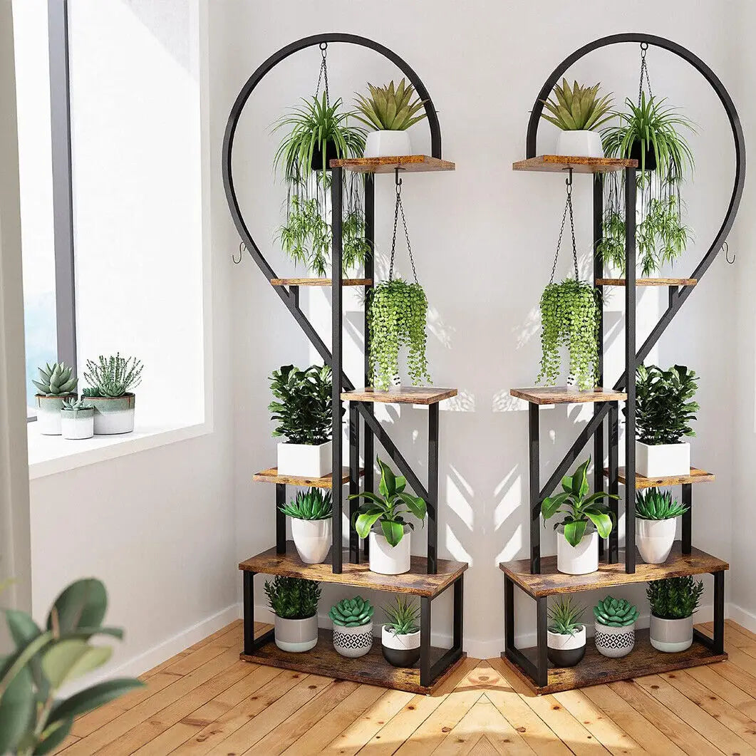 Rustic wooden and black metal DecorBites™ heart shaped plant stand with hooks and multiple tiers for potted plants