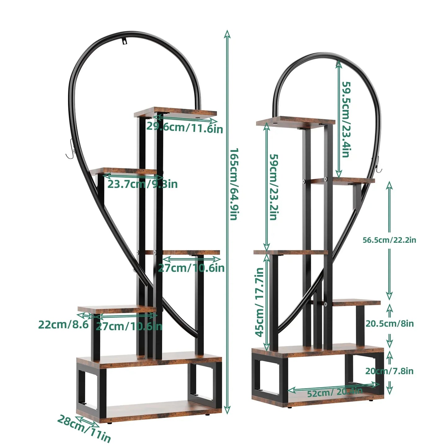 Decorbites™ heart shape plant stand in black metal and wood with multiple tiers and hooks for 20 pots